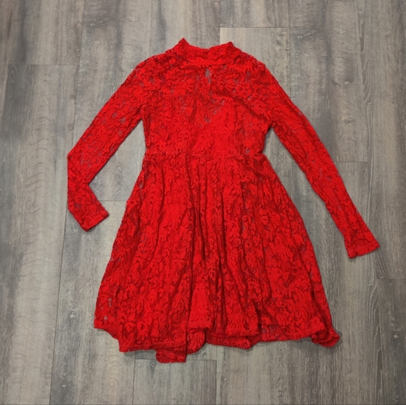 Free People Hearts Delight Red Lace Long Sleeve Dress - Picture 3 of 9